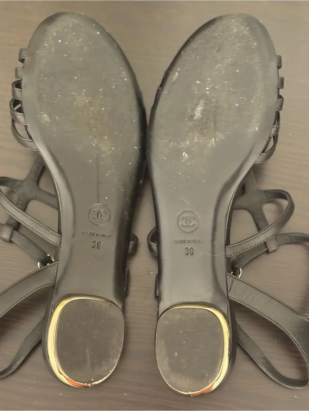 CHANEL Black Leather Camellia T-Strap Sandals
